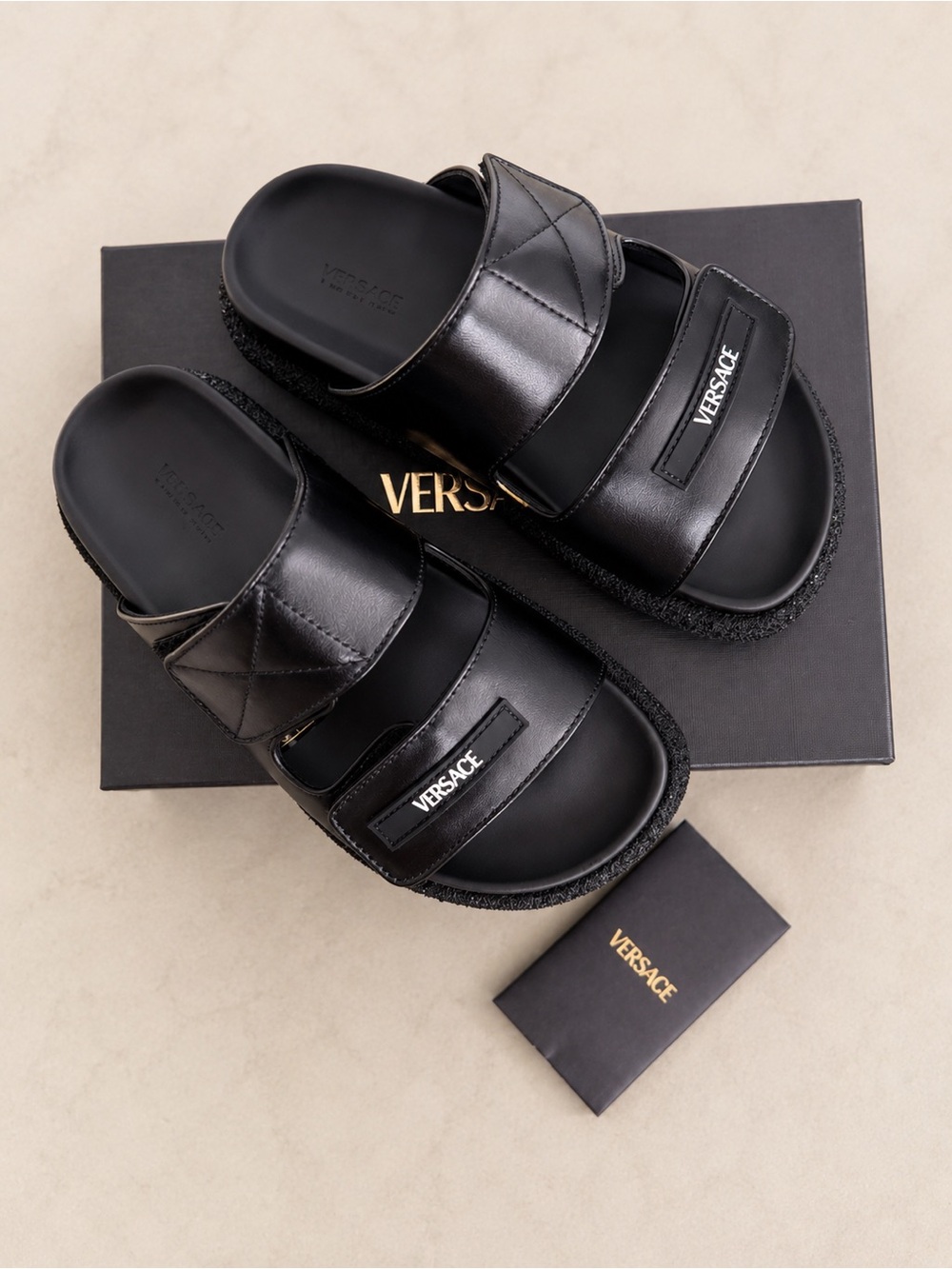 Versace Black Leather Double-Strap Slide Sandals
